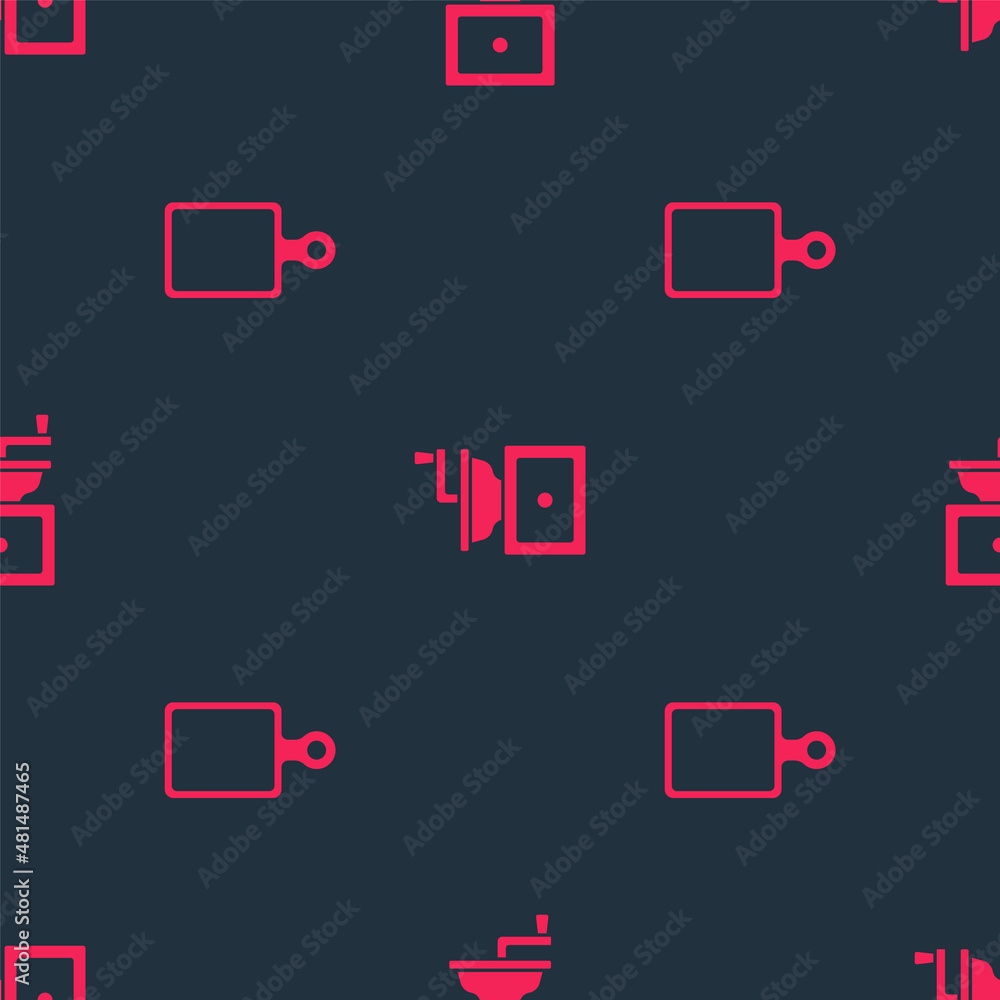 Set Cutting board and Manual coffee grinder on seamless pattern. Vector