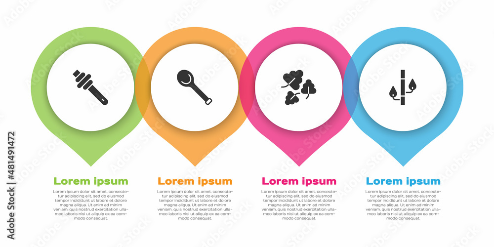 Set Honey dipper stick, Sauna ladle, Oak leaf and Bamboo. Business infographic template. Vector