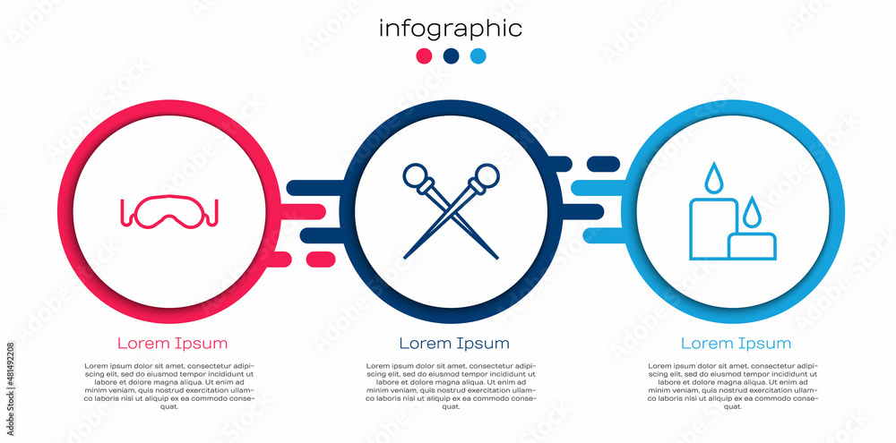 Set line Eye sleep mask, Knitting needles and Burning candle. Business infographic template. Vector