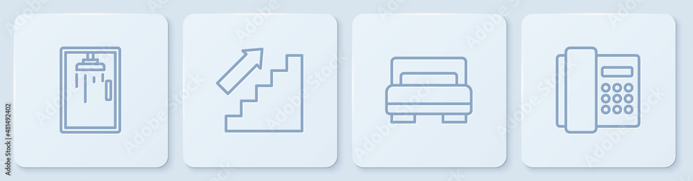 设置淋浴间、酒店客房床、楼梯和电话听筒。白色方形按钮。矢量