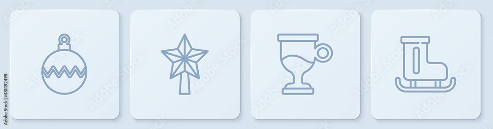 Set line Christmas ball, Mulled wine, star and Figure skates. White square button. Vector