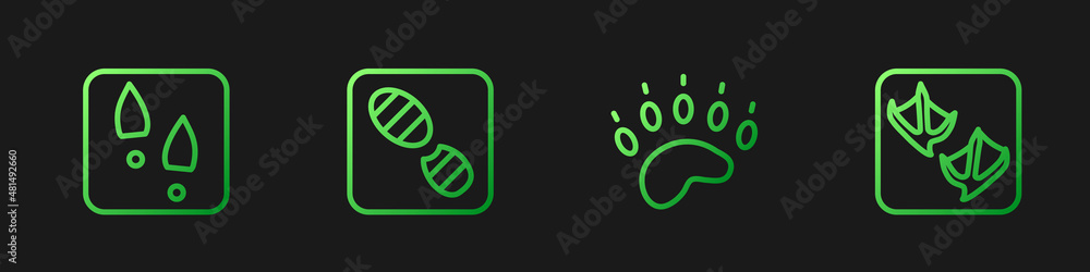 设置线熊掌足迹、人类足迹鞋和海鸥。渐变颜色图标。矢量