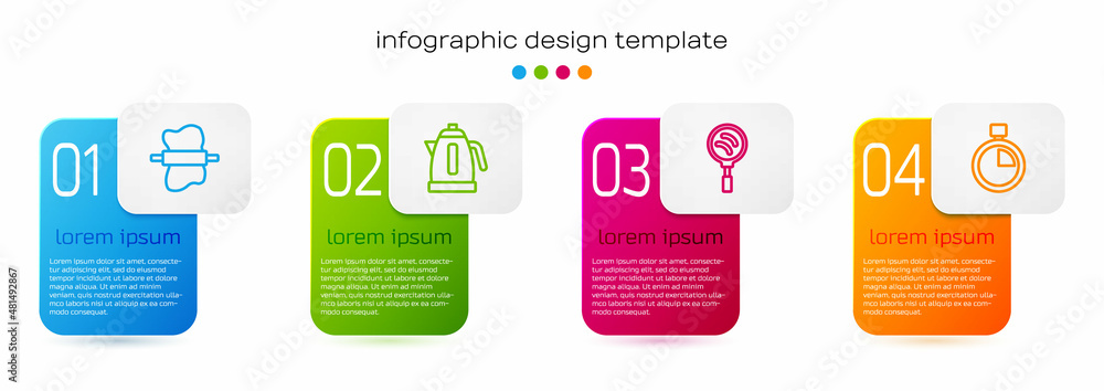 Set line Rolling pin on dough, Electric kettle, Frying pan and Stopwatch. Business infographic templ