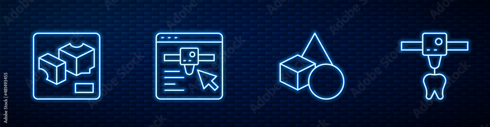 设置线基本几何形状、3D打印机、设置和牙齿。砖墙上闪闪发光的霓虹灯图标。Vec