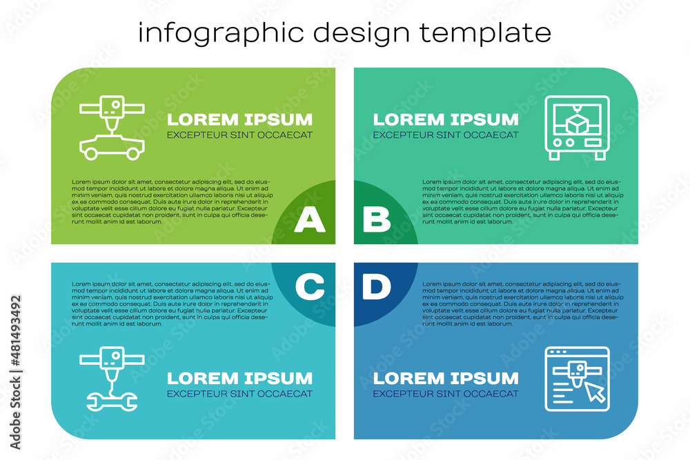 Set line 3D打印机扳手，汽车，设置和。商业信息图模板。Vector