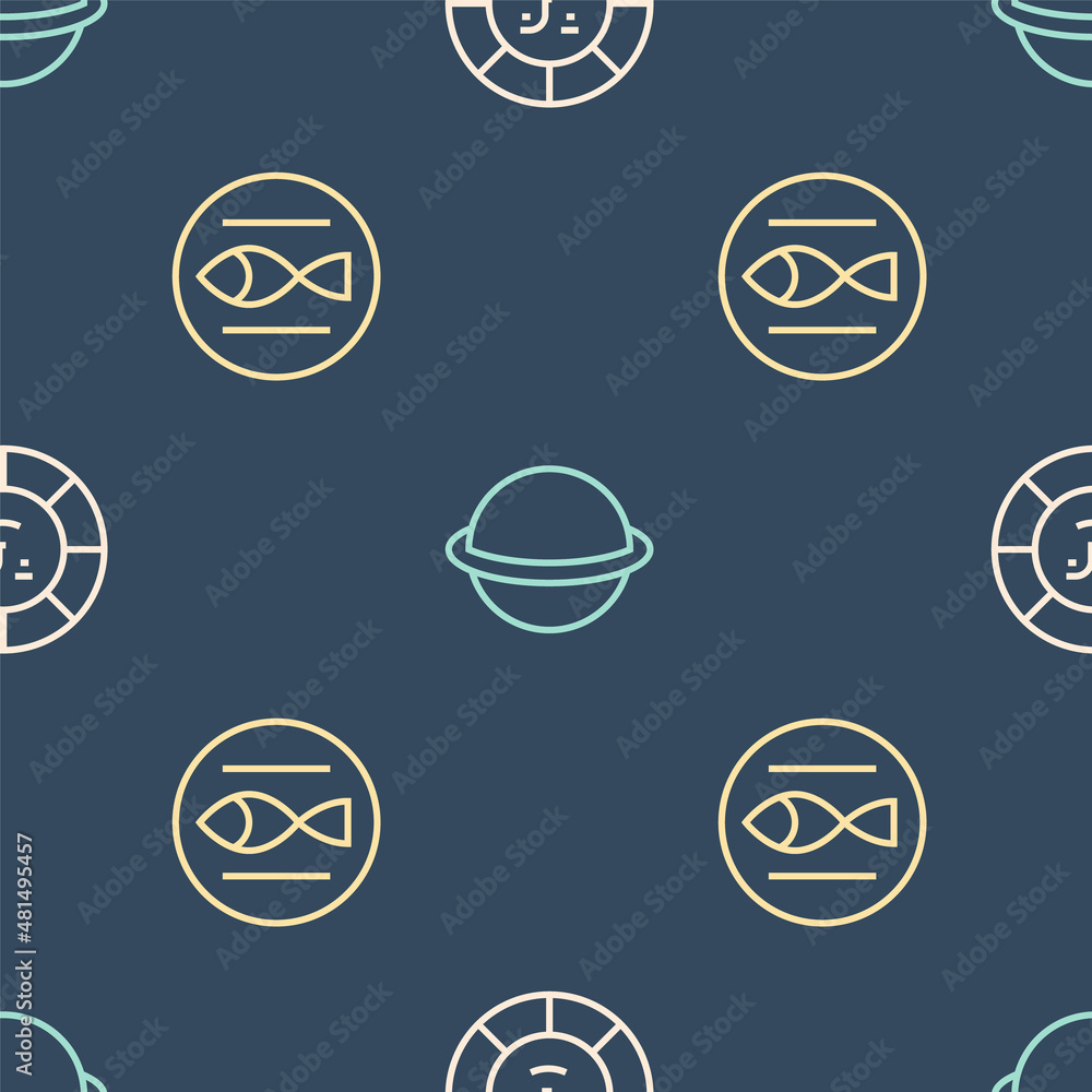 Set line Sun, Pisces zodiac and Planet Saturn on seamless pattern. Vector