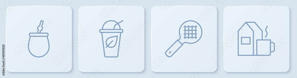 Set line Mate tea，tea filter with handle，Cup of leaf and milk。白色方形按钮。Vector