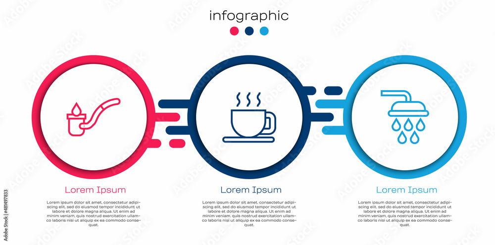 设置线桑拿勺、一杯茶和淋浴。商业信息图模板。矢量