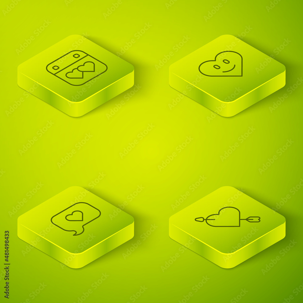 Set Isometric line Heart, in speech bubble, Amour with heart and arrow and Calendar icon. Vector