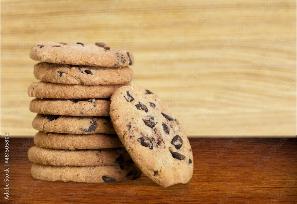 Peanut butter cookies stack on wooden board. Traditional american dessert, nutrition snack, dessert 