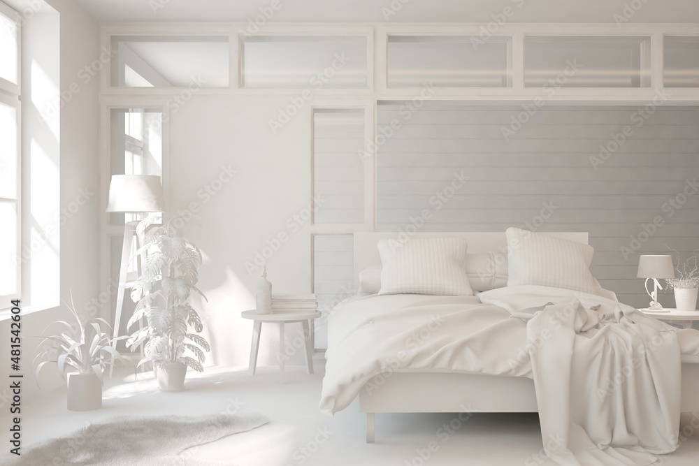 Modern bedroom in white color. Scandinavian interior design. 3D illustration