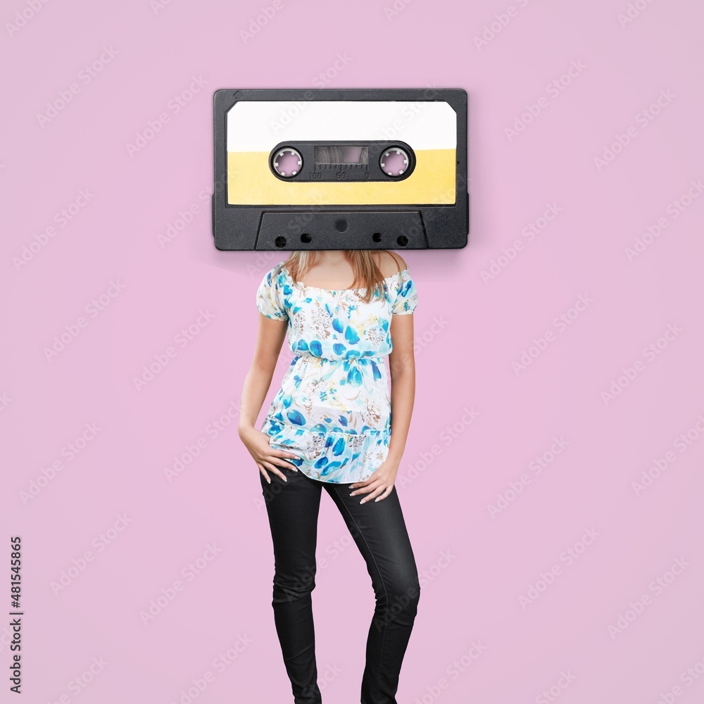 Party, music time. Magazine style. Composition with young person headed of retro tape cassette