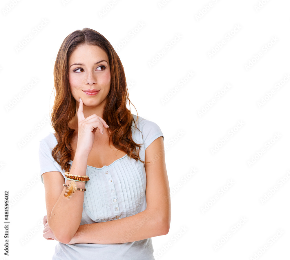 Ill show him.... A young woman thinking against a white background.