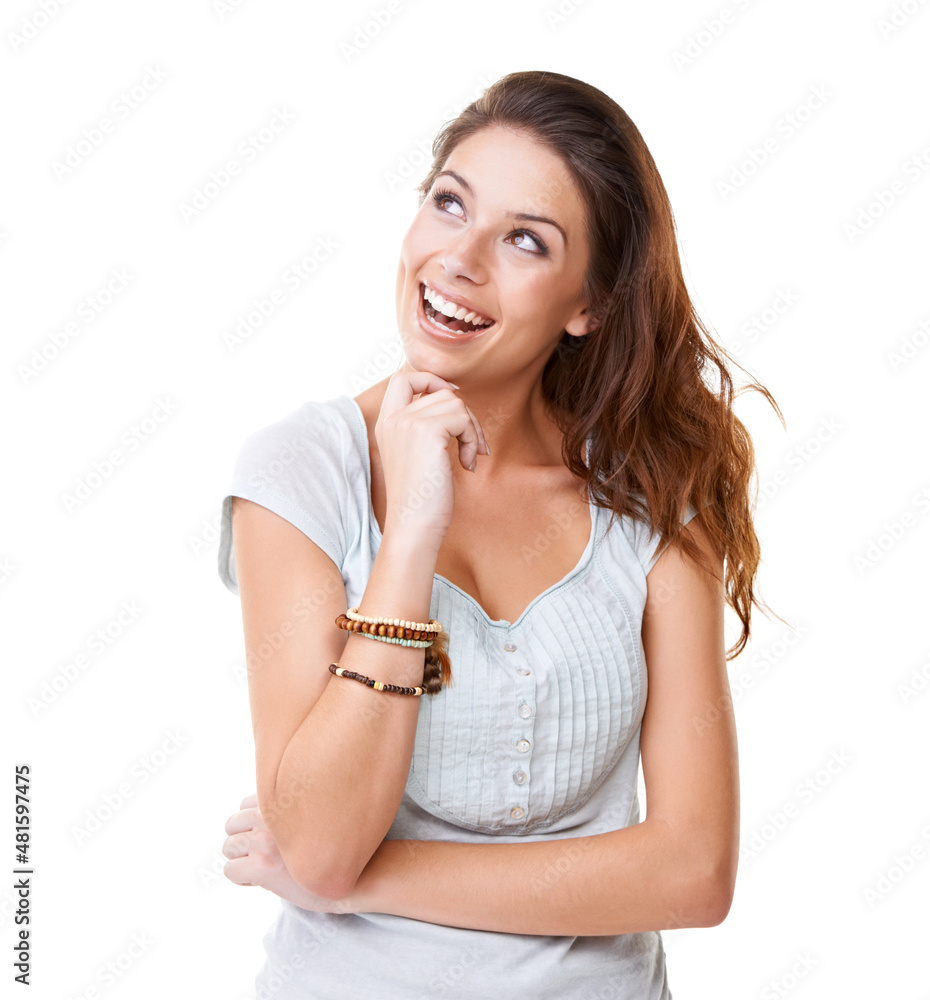 Thats my kind of product. A pretty young brunette looking away excitedly while isolated on a white 