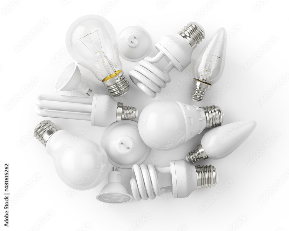 Electric household lamps of various types on a white background. Several types of light bulbs. 3d il