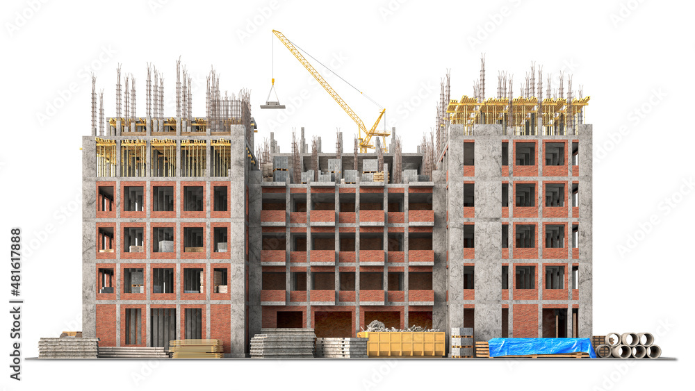 白色背景下正在施工的建筑。3d插图