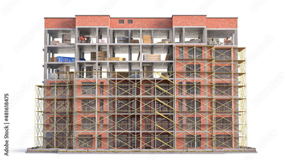 白色背景下正在施工的建筑。3d插图