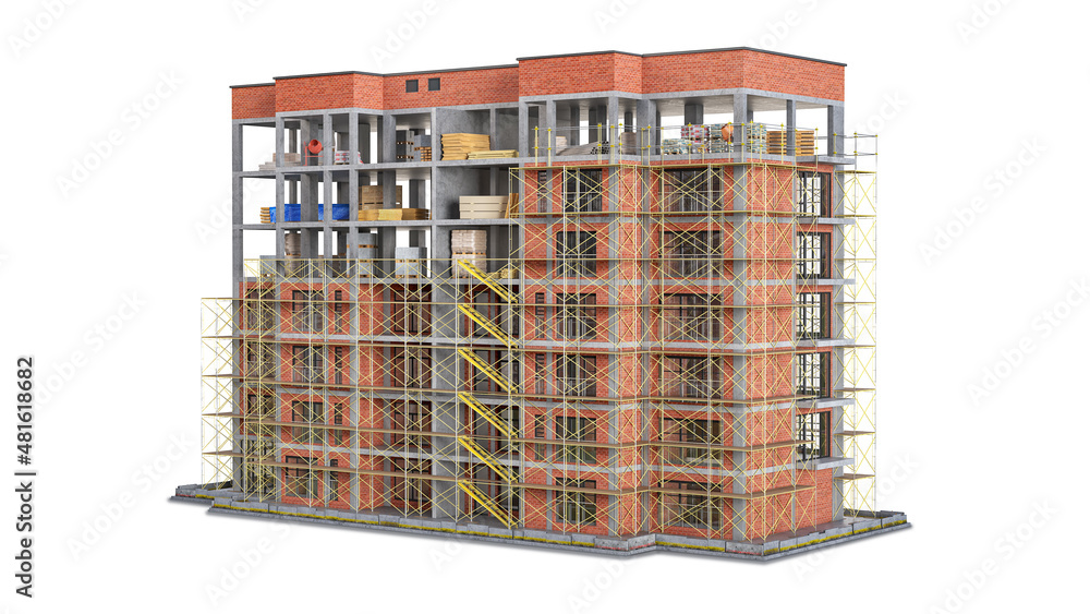 Building under construction on white background. 3d illustration