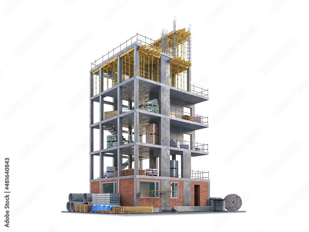 Building under construction on white background. 3d illustration