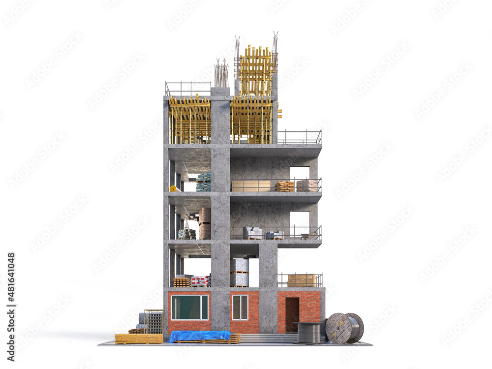 Building under construction on white background. 3d illustration