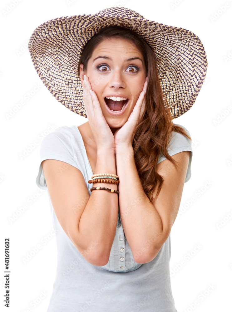 Wow. A surprised young woman wearing a hat.