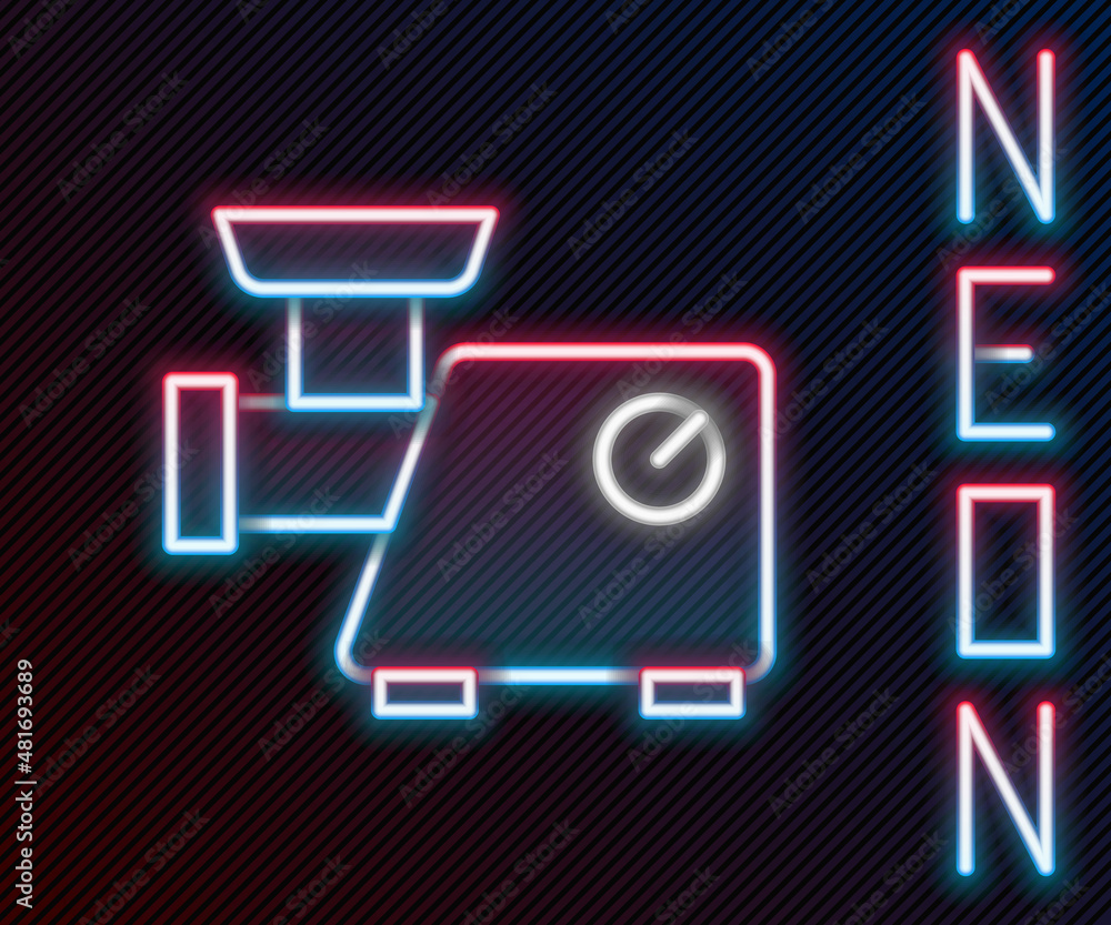 Glowing neon line Kitchen meat grinder icon isolated on black background. Colorful outline concept. 