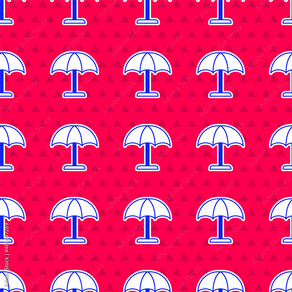 Blue Sun protective umbrella for beach icon isolated seamless pattern on red background. Large paras