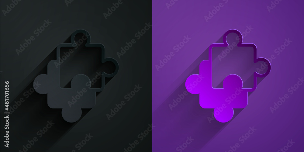 Paper cut Puzzle pieces toy icon isolated on black on purple background. Paper art style. Vector