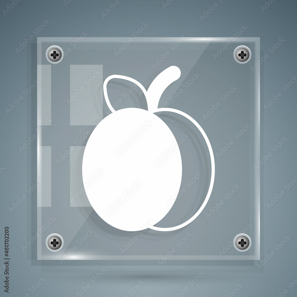 White Plum fruit icon isolated on grey background. Square glass panels. Vector