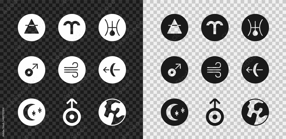 Set Air element, Aries zodiac, Symbol Uranus, Moon and stars, Earth globe, Mars symbol and Windy wea