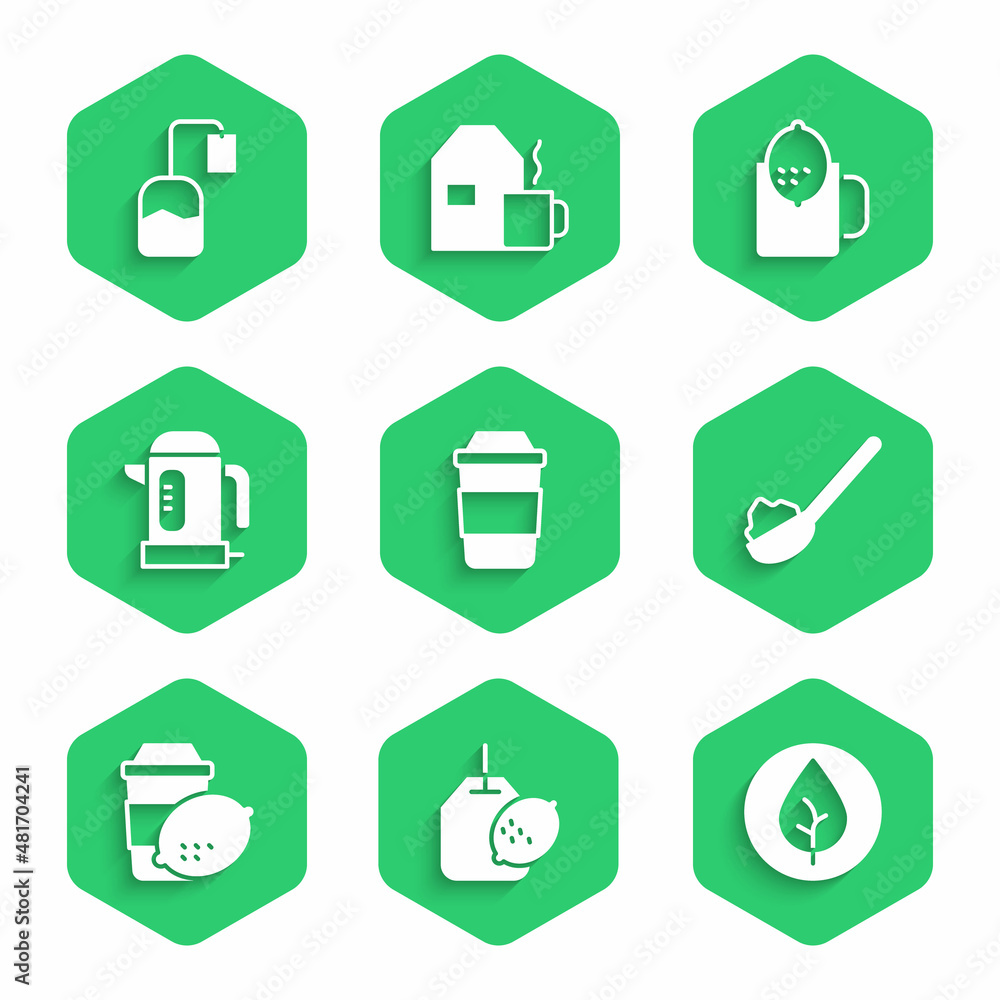 Set Cup of tea, Tea bag with lemon, leaf, Spoon sugar, Electric kettle, and icon. Vector