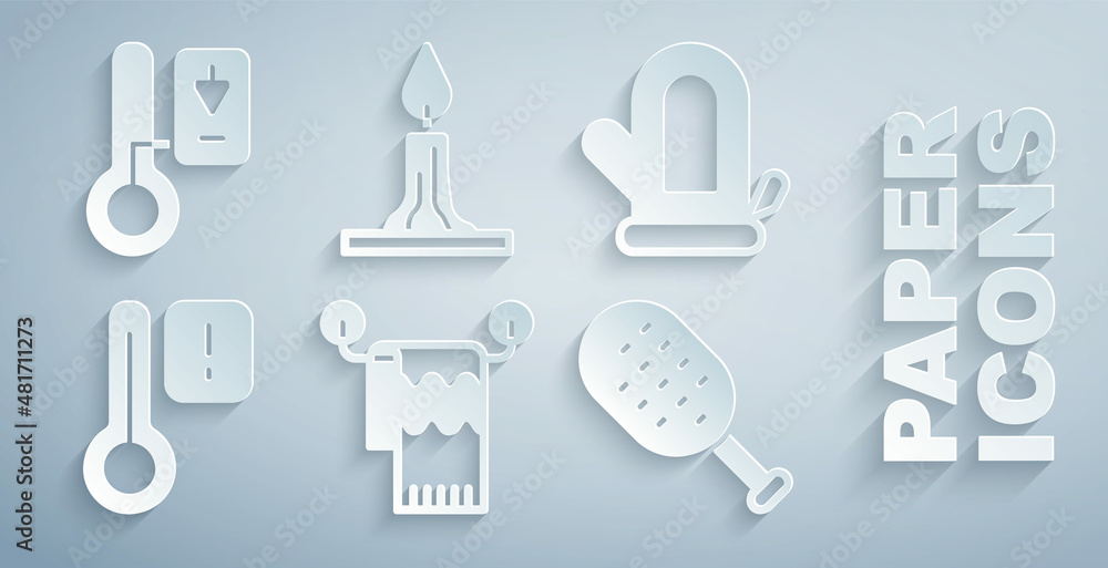 Set Towel on hanger, Sauna mitten, thermometer, brush, Burning candle and icon. Vector