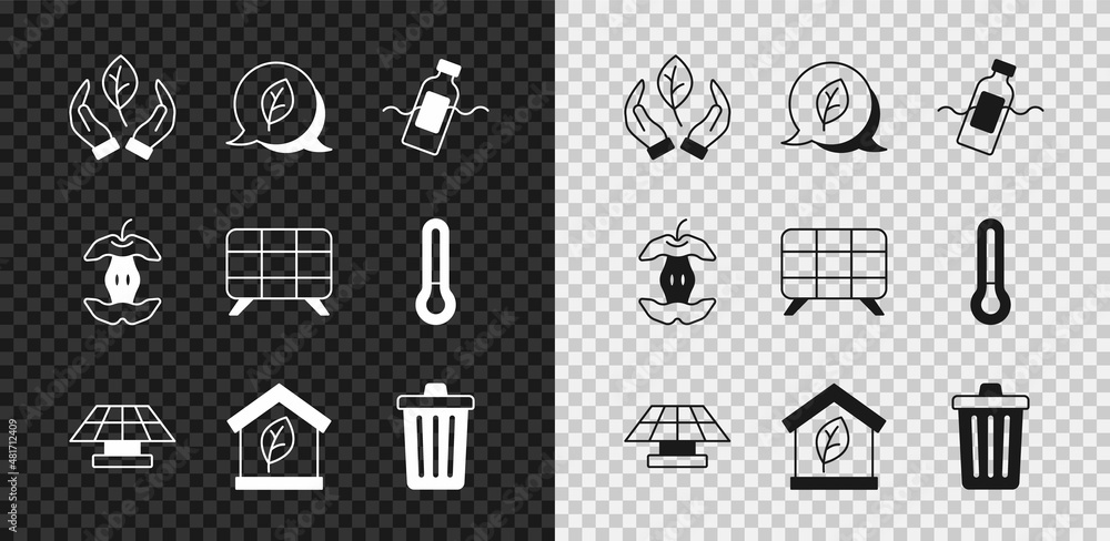 Set Leaf in hand, Eco symbol, The problem of pollution, Solar energy panel, friendly house, Trash ca