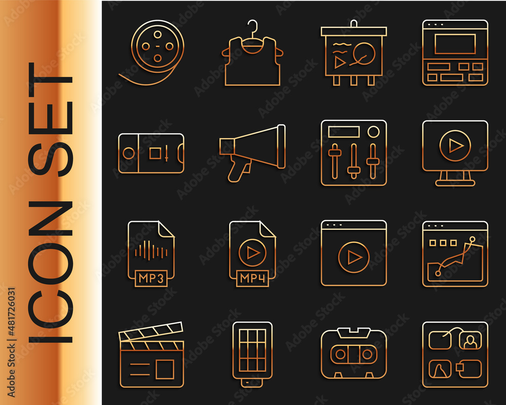 Set line Storyboard, Histogram graph photography, Online play video, Scenario on chalkboard, Megapho