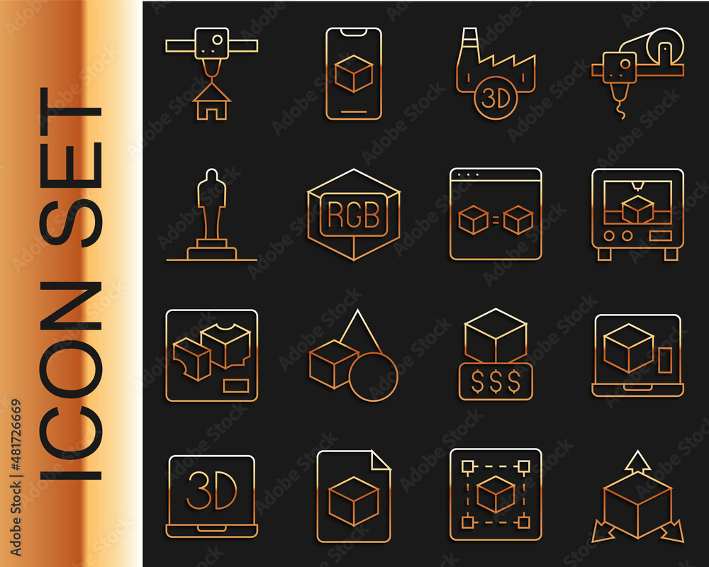 Set line Isometric cube, 3D printer, Printing house industry, RGB and CMYK color mixing, model, and 