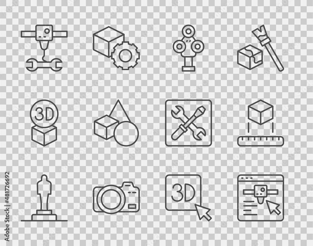 设置线3D打印机型号，设置，扫描仪，照相相机，扳手，基本几何形状，a