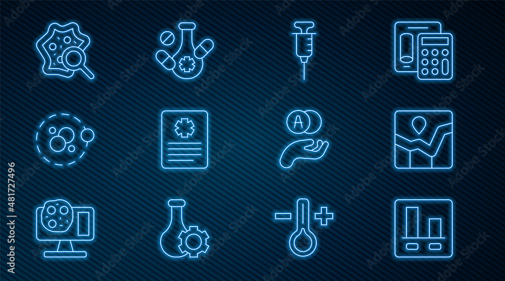 Set line Graph chart infographic, Syringe, Patient record, Atom, Microorganisms under magnifier, and