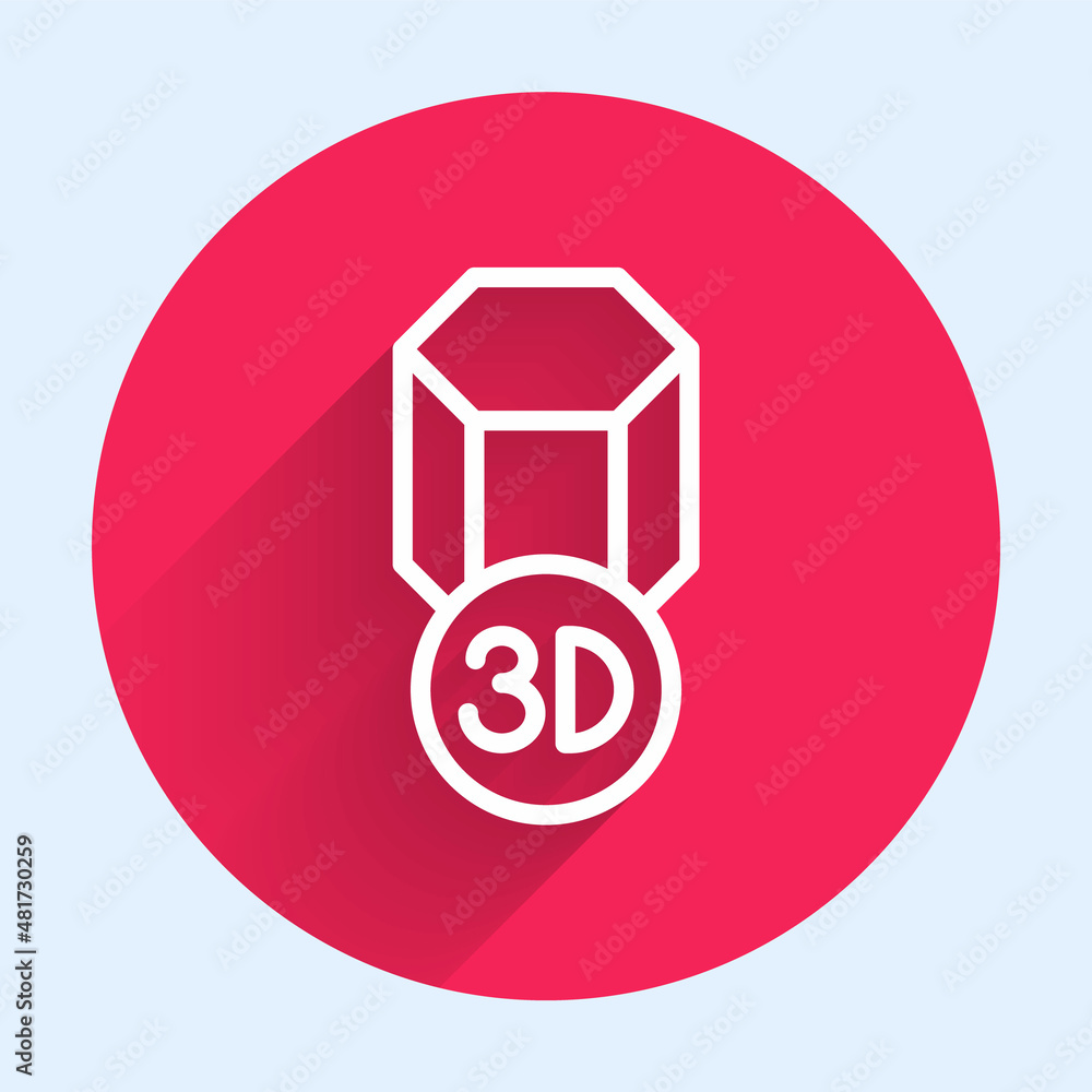 与长阴影隔离的白线3D打印机图标。3D打印。红圈按钮。矢量