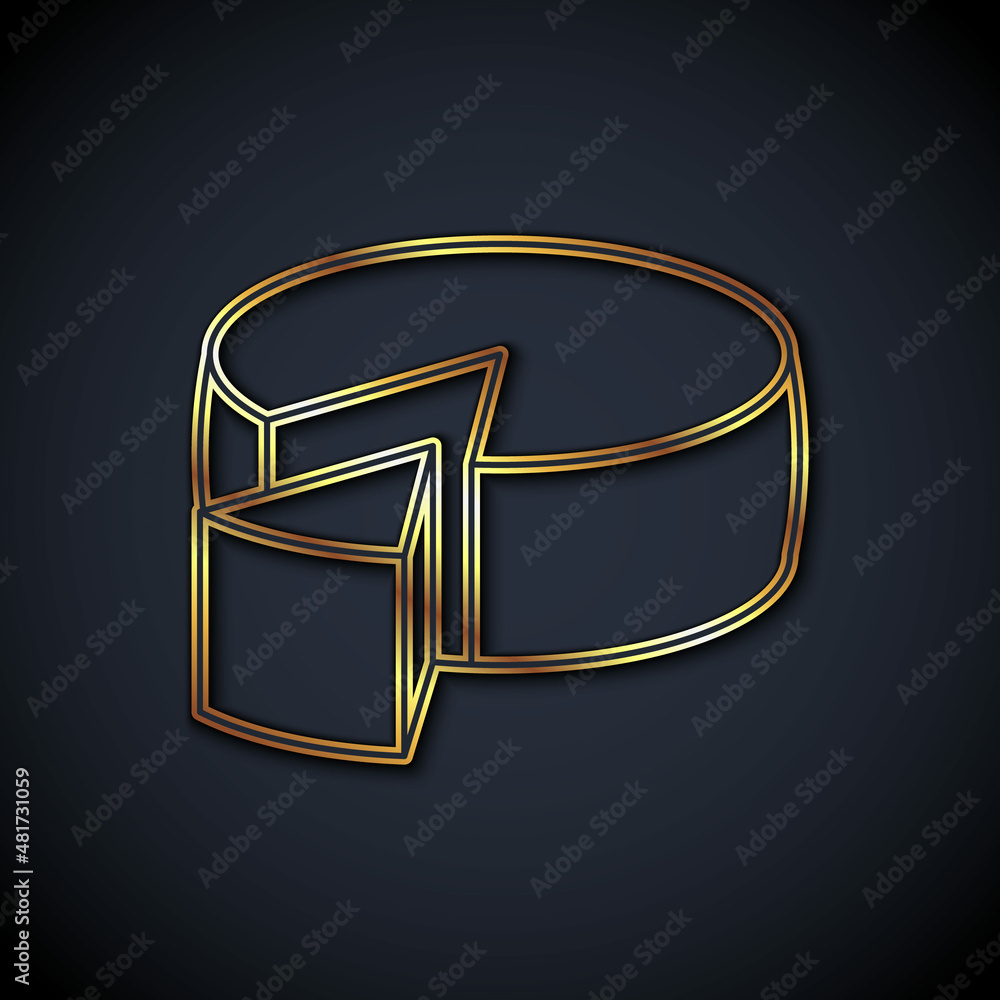 Gold line Cheese icon isolated on black background. Vector