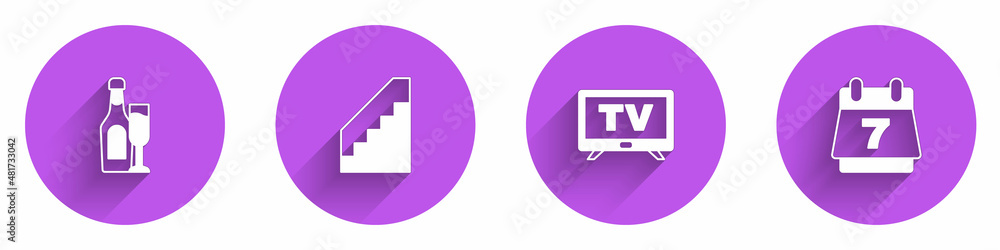 用玻璃、楼梯、智能电视和带长阴影的酒店预订日历图标设置香槟酒瓶。