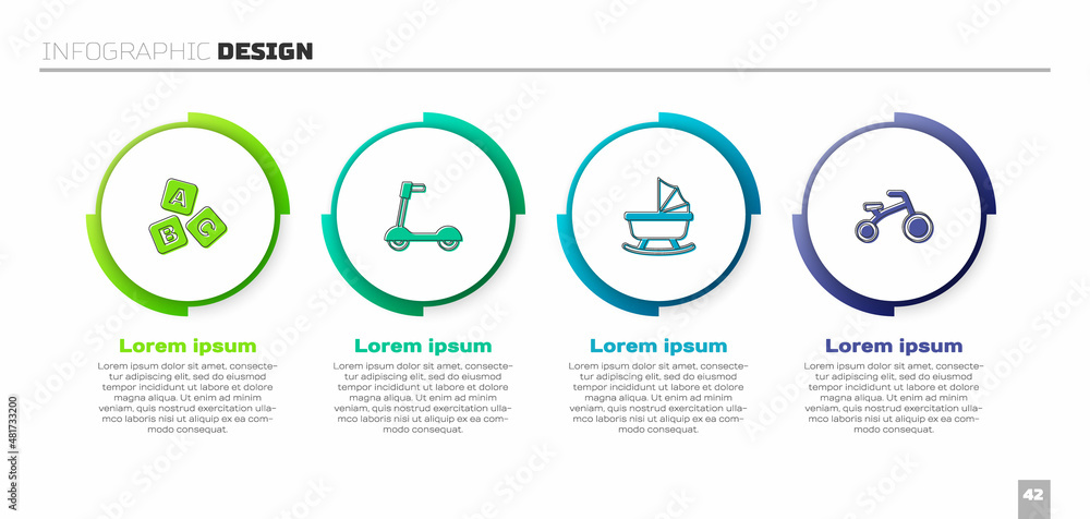 为儿童设置ABC块、滚轴滑板车、婴儿推车和自行车。商业信息图模板。V