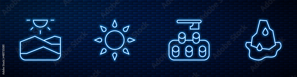 设定森林砍伐、干旱、太阳和冰川融化的界限。砖墙上闪烁的霓虹灯图标。矢量