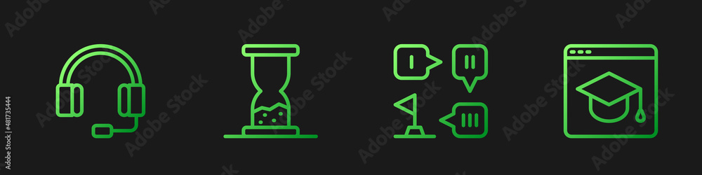 Set line Planning strategy, Headphones, Old hourglass with sand and Online education. Gradient color