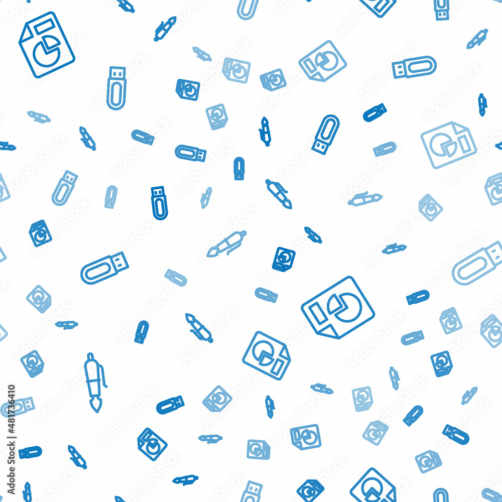 Set line Fountain pen nib，Document with graph chart and USB flash drive on无缝图案。矢量