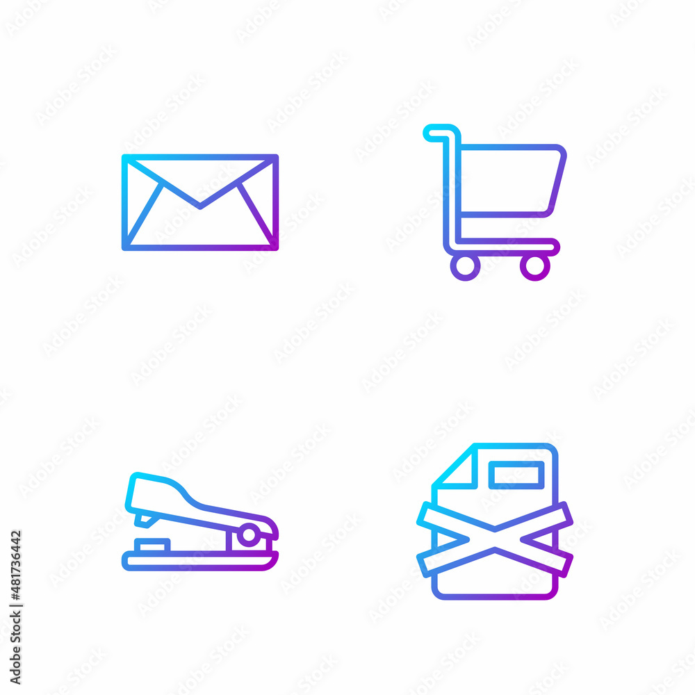 Set line Delete file document, Stapler, Mail and e-mail and Shopping cart. Gradient color icons. Vec