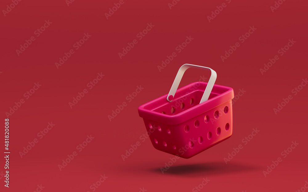 Empty shopping basket with red background, 3d rendering.