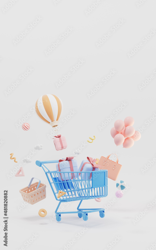 Shopping and gifts, shopping theme, 3d rendering.