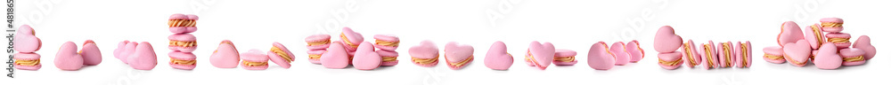 Tasty heart-shaped macaroons on white background. Valentines Day celebration