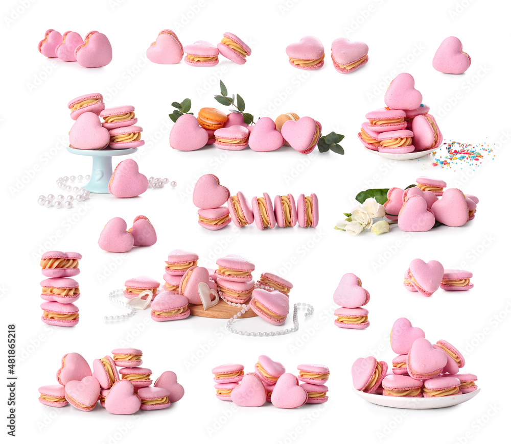 Tasty heart-shaped macaroons on white background. Valentines Day celebration