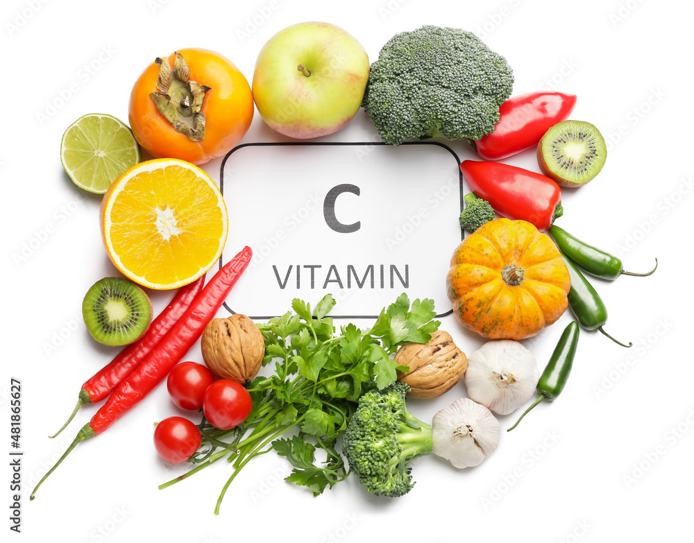 Text C VITAMIN and healthy products on white background